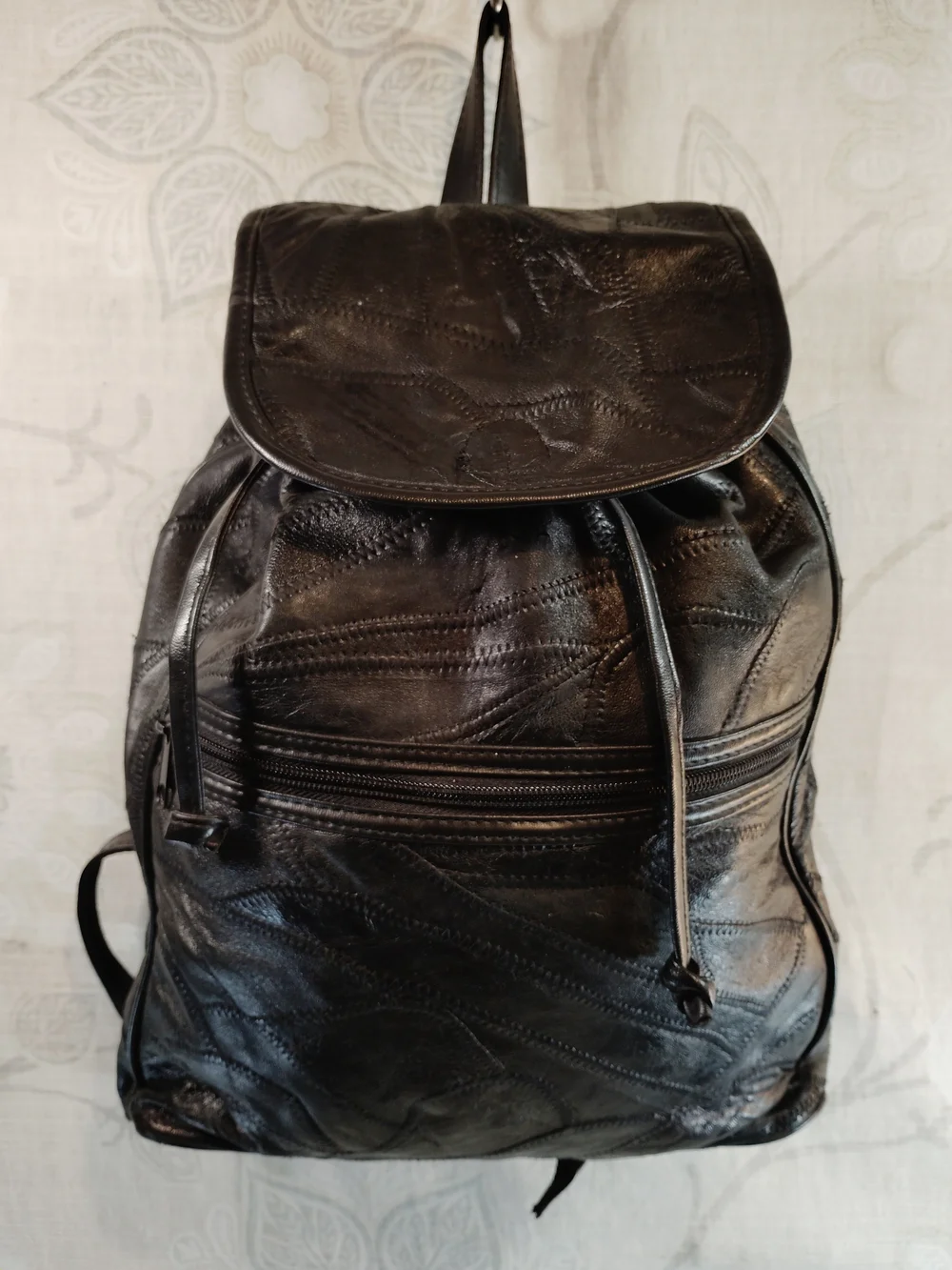 Black Genuine Leather Patchwork Style Backpack - Classic Everyday Bag